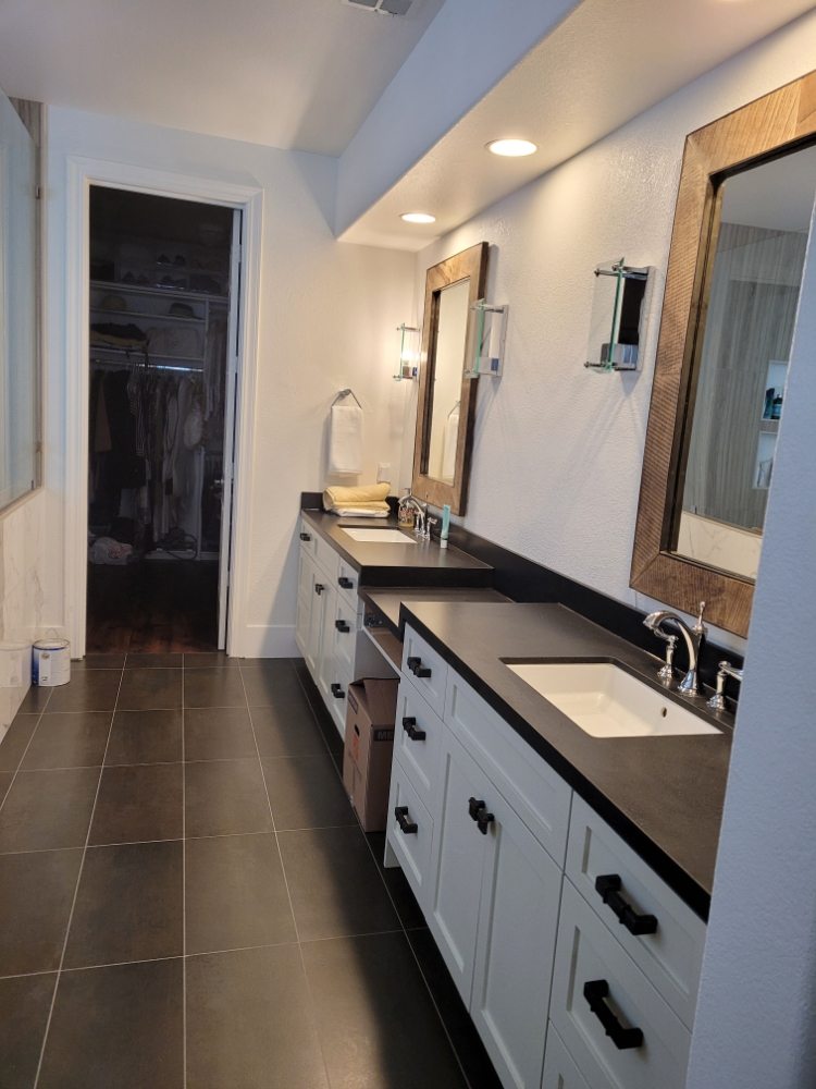 Dual vanities in newly remodeled bathroom
