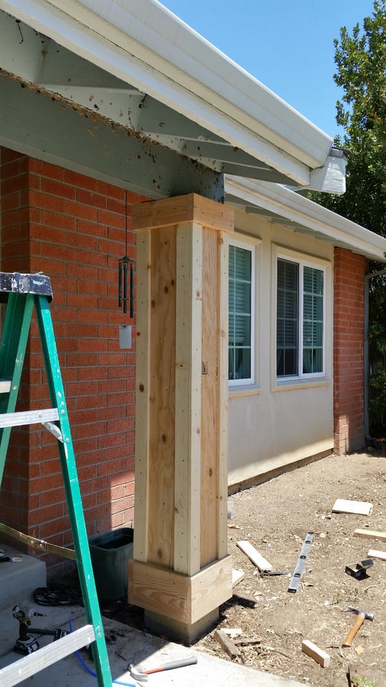 In-progress shot of new custom wooden column being built for home exterior