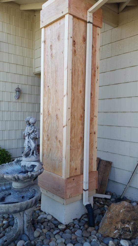In-progress shot of new custom wooden column being built for home exterior
