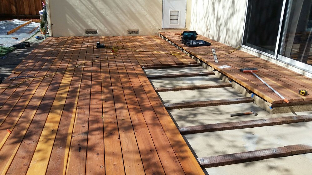In-progress shot of a wooden deck being built by Kevin's Handyman