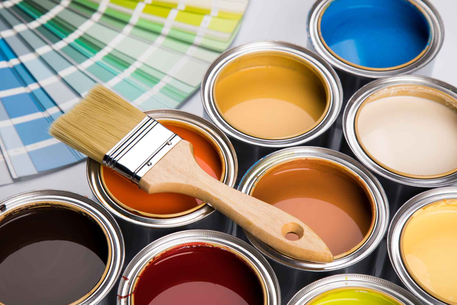 A selection of multi-colored house paints with a paintbrush and some swatches